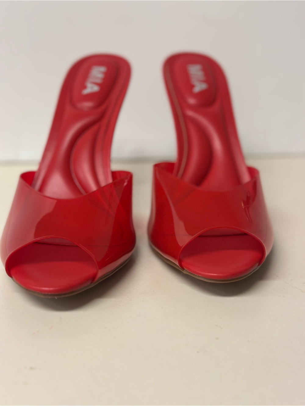 MIA Red Patent Open-Toe Slide Heels